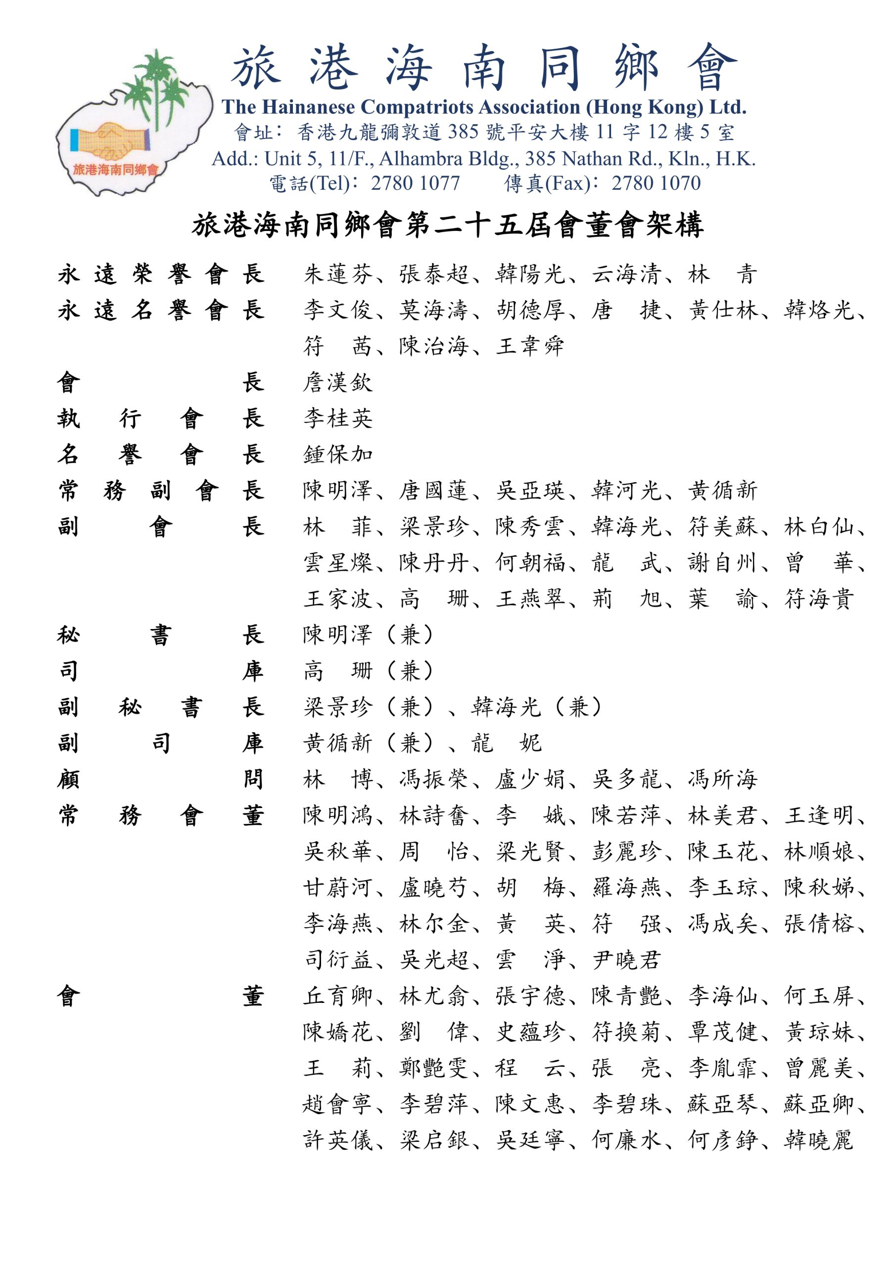 第二十五屆旅港海南同鄉會會董會架構
